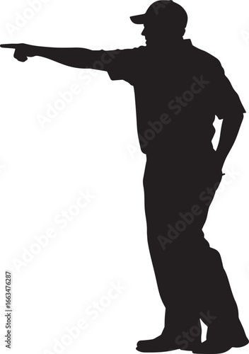 Umpire Calling Out Silhouette An umpire signaling an out, with one arm pointed forward and the other resting by their side. full length silhouette black vector illustration