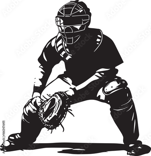 Catcher in the Ready Position Silhouette A catcher crouched behind the plate, with their glove outstretched and body low, ready to receive the pitch. full length silhouette black vector illustration