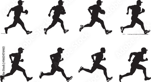 A player rounding third base and heading for home plate, arms pumping in full stride, full-length silhouette vector.