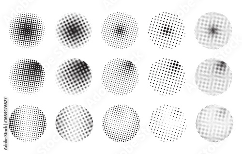 Vector illustration of various halftone circles with different dot densities