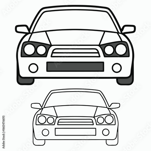 Front view of cars outline illustration for coloring books or educational materials for kids and adults