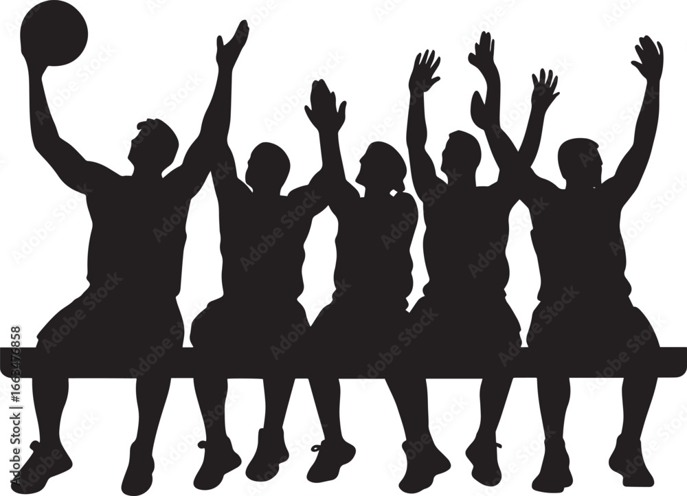 Fototapeta premium Players on the bench clapping and cheering for teammates on the court, full-length silhouette black vector illustration