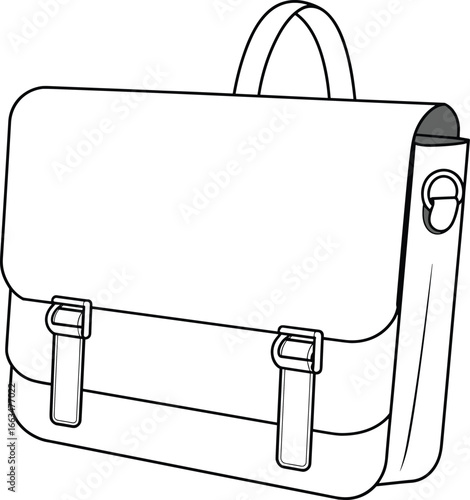 CAD drawing flat vector illustration of leather briefcase, buckle strap flap design, top handle, side ring detail, professional office bag layout, elegant business accessory sketch