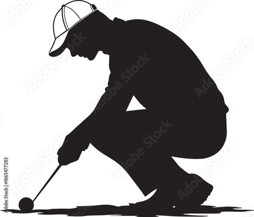 A golfer bends down, focused on recovering a stray ball from the rough or hazard, full-body black vector silhouette.