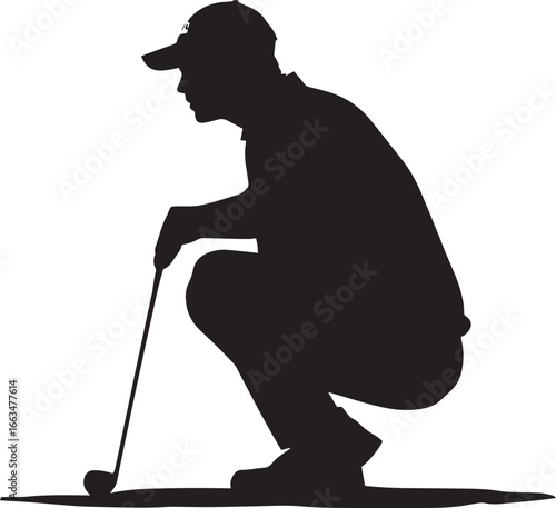 A golfer squatting down to assess the slope and break before their putt.