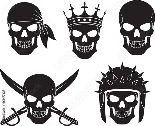 Skull variations with pirate swords and crowns bandana