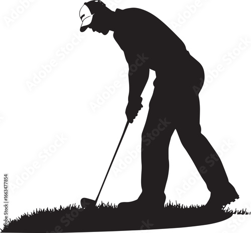 A golfer making a chip shot, body hunched, with the club just above the grass.