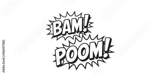 Comic book style bam and poom text effects in black and white on a plain white background