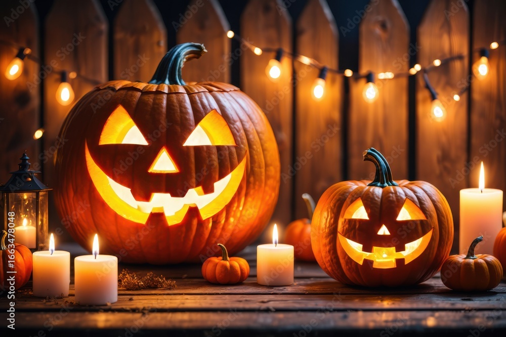 Fototapeta premium Celebrating Halloween: A Festive Display of Carved Pumpkins with Flickering Candles and Warm Light Against a Cozy Wooden Background