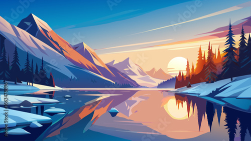 Sunrise in winter mountains. Mountain reflected in ice lake in morning sunlight. Amazing panoramic nature landscape in mountain valley.
