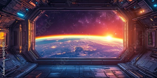 Wallpaper Mural Futuristic space station with view of glowing Earth from window, sci-fi interior with neon purple and blue lighting. Torontodigital.ca