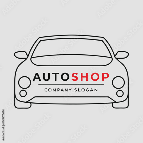Minimalist auto shop logo design with car outline and company slogan display template