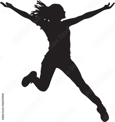 A person with arms and legs extended, executing a jumping jack.