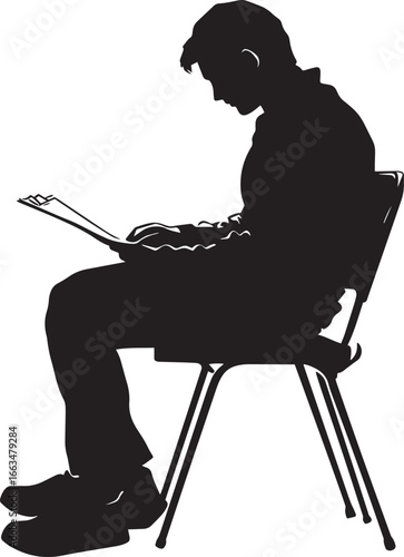 Taking an Exam Silhouette A student seated, filling out an exam paper or test sheet. full length silhouette black vector illustration