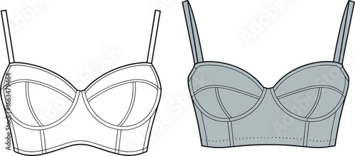 CAD drawing flat vector illustration of lingerie set, front and back views, bra and panty technical sketch, sewing pattern layout, garment design blueprint, stylish intimate apparel