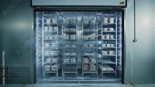 Opening industrial freezer door with mist, cold storage facility