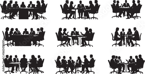 Team Discussion Silhouette A group of business people sitting, actively discussing a topic or plan of action. full length silhouette black vector illustration