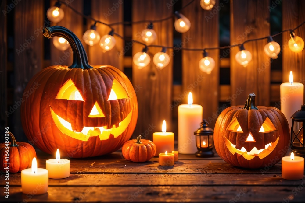 Fototapeta premium A Festive Halloween Scene Featuring Carved Jack-o'-Lanterns, Candles, and Atmospheric String Lights on a Rustic Wooden Table