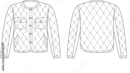 Quilted jacket technical fashion sketch, front and back view, long sleeve outerwear design, flat vector template, apparel illustration, clothing blueprint