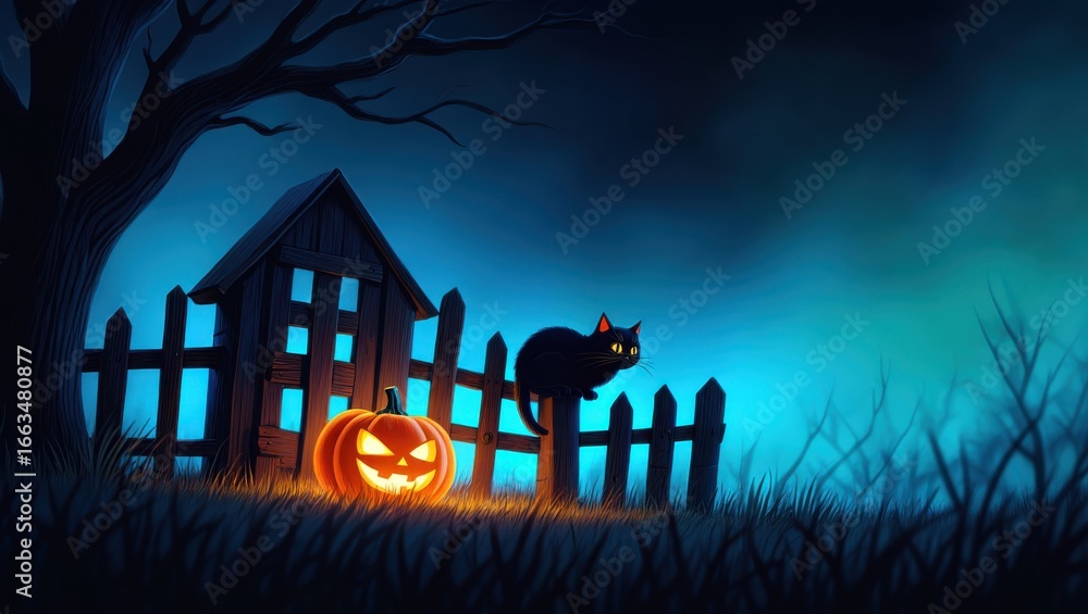 Naklejka premium Spooky Halloween Scene Featuring a Mysterious Black Cat, Glowing Jack-O'-Lantern, and Eerie Cemetery Ambiance Under a Moonlit Sky