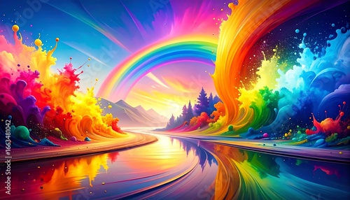 Vibrant Rainbow River Landscape with Colorful Splash Art.