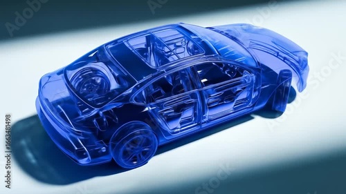 Transparent blue 3D model of a car revealing its internal components and structure.