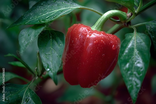 Vibrant red bell pepper with water droplets on leaves growing in a garden
