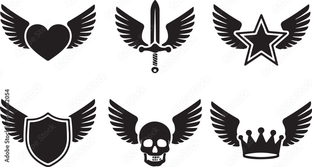Fototapeta premium Winged heart sword star shield skull crown emblems
