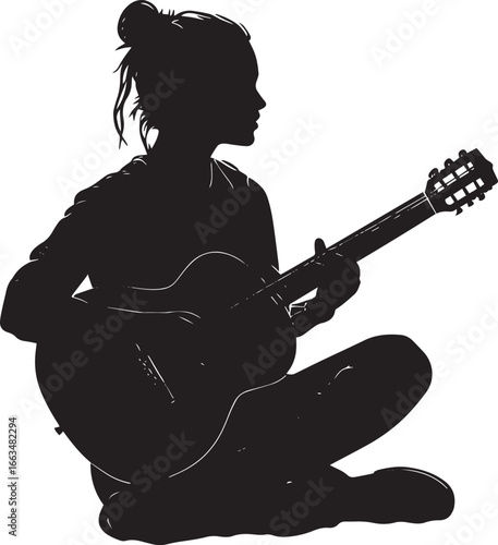 A woman seated, strumming a guitar, depicted in a full-length black silhouette.
