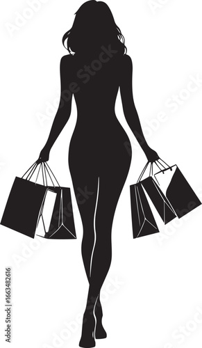 A woman carrying multiple bags in each hand, depicted in a full-length black silhouette.