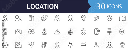 Location line editable icon set. Includes Map Pin Linear Icons, Including Address, place, location, directions, navigation, map, distance, map marker and More. Vector illustration.