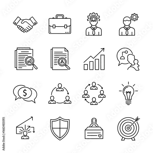 Line art icons depicting business concepts such as teamwork strategy and financial growth in black and white