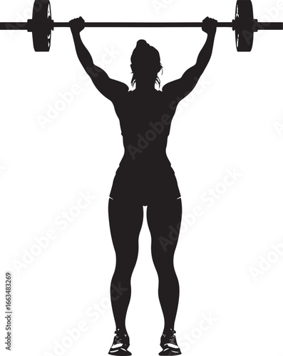 A woman holding a barbell or dumbbells overhead, shown in a full-length silhouette.
