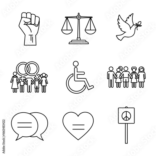 Outline icons representing social justice issues including equality, peace and accessibility