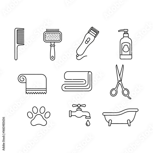 Outlined pet grooming tools and accessories including comb brush clippers and bath on white background