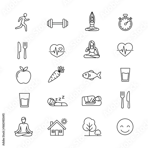 Collection of health and wellness icons representing fitness nutrition and mental well being on white