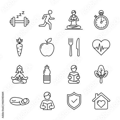 Collection of wellness icons depicting exercise diet rest and mental health on a white background