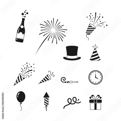 Assorted new year's eve icons including champagne bottle fireworks and party favors on white background