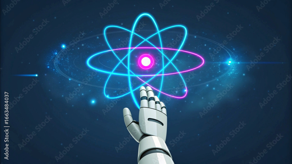 Naklejka premium Robotic Arm Reaching for Quantum Atom Energy Source Futuristic Technology Illustration for Science and Innovation Concepts