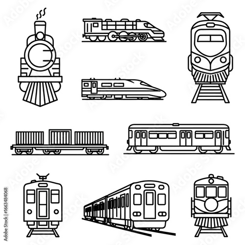Various train designs in black and white line art including steam engines and modern bullet trains shown