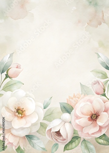 Romantic Floral Watercolor Border with Ivory Anemones, Blush Peonies and Light Greenery 127