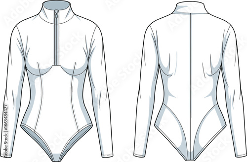 CAD drawing flat vector illustration of long sleeve bodysuit, scoop neckline, fitted silhouette, stylish fashion garment layout, front back viewsCA
