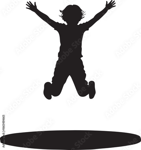 Child in Mid-Jump on Trampoline Silhouette A black vector image of a child with arms outstretched, jumping on a trampoline.
