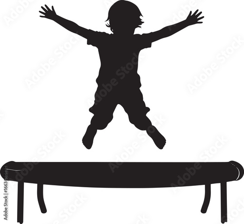 Silhouette of a Child Jumping on a Trampoline Full-length black vector illustration of a kid mid-air with arms spread wide.