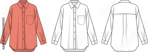 CAD drawing flat vector illustration of long sleeve button-up shirt, fashion layout template, pocket detail, cuff design, front back viewsCAD 