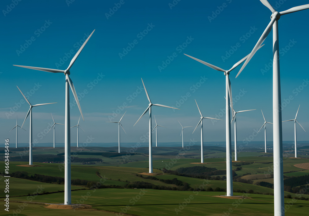 Wind Turbine Energy: A mesmerizing panorama of wind turbines spinning gracefully in a vast field, standing tall against a vibrant, cloudless azure sky, portraying a commitment to renewable energy.