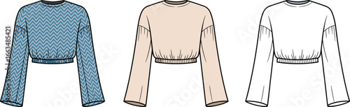 Cad drawing flat vector illustration of long sleeve cropped sweatshirt, chevron pattern design, casual trendy top, fashion apparel sketch, clothing template
