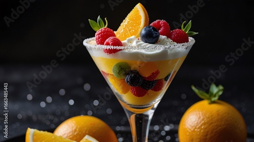 Colorful Fruit Dessert in Martini Glass with Whipped Cream V3