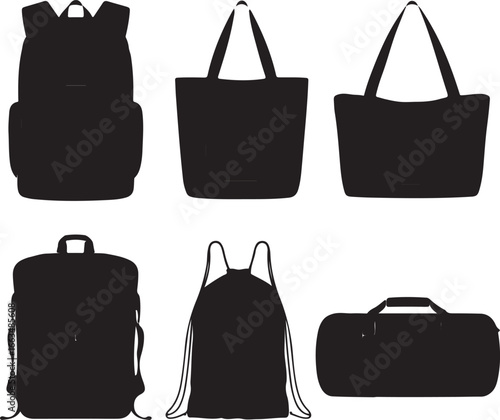 Black silhouettes of bags and backpacks tote bag drawstring bag