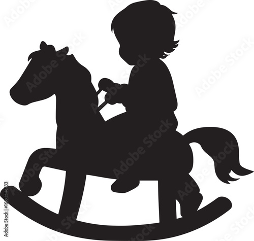 Baby on a Rocking Horse Silhouette A black vector image of a baby sitting on a small rocking horse, holding the handles.